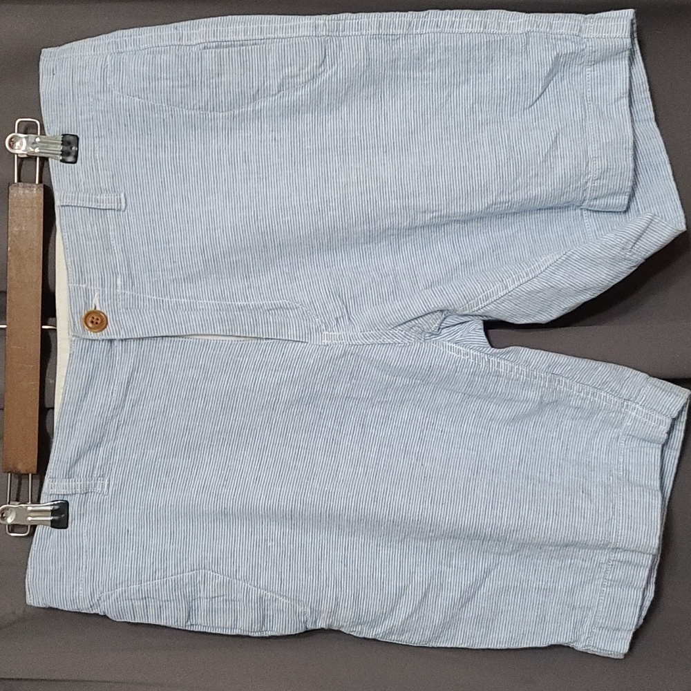 J Crew Factory Mens Linen/Cotton Shorts‎ Blue/White Flat Front Pockets Sz 35 EUC